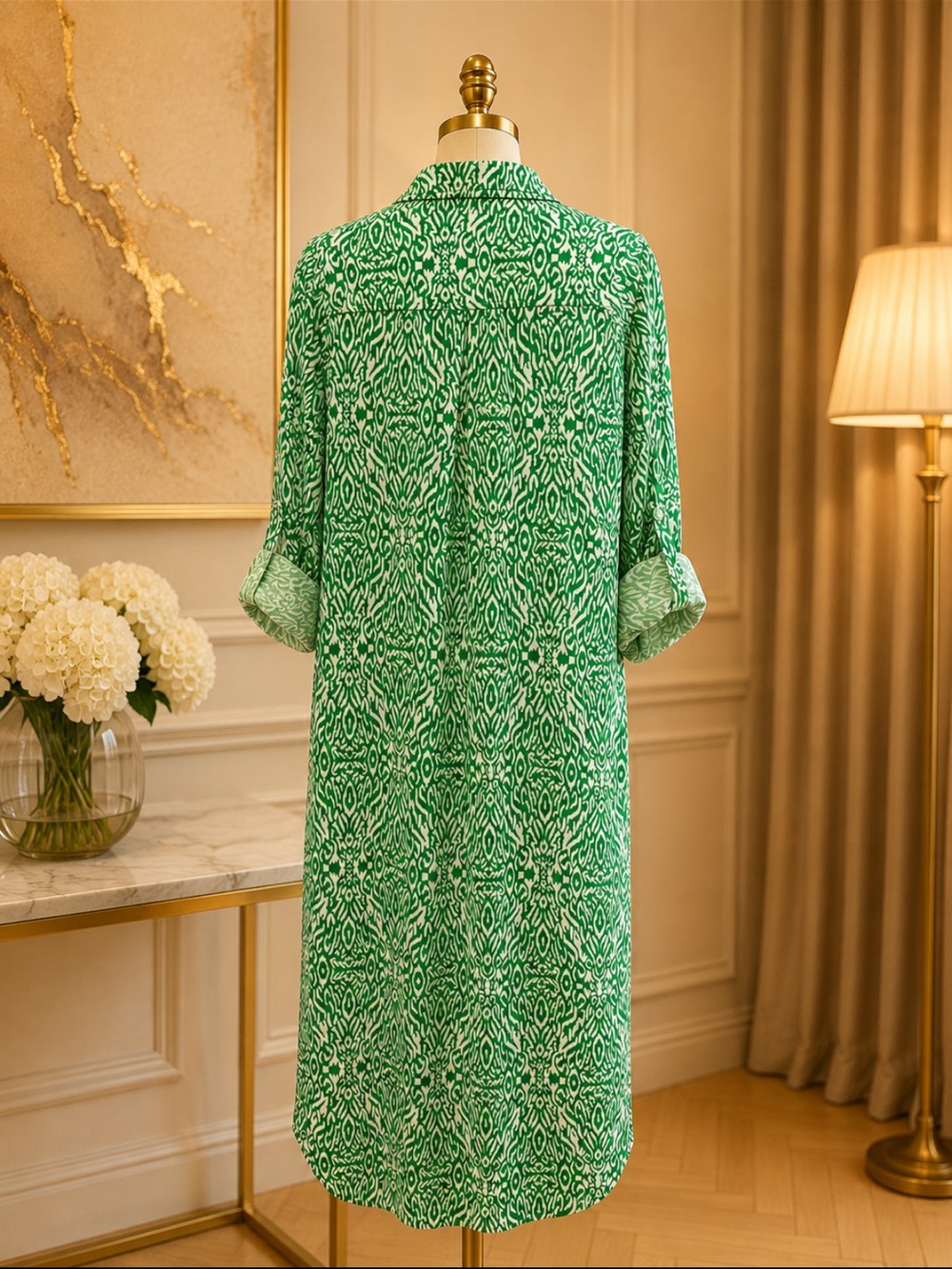 Green Printed Long Sleeve Shirt Dress - Picture 3 of 4